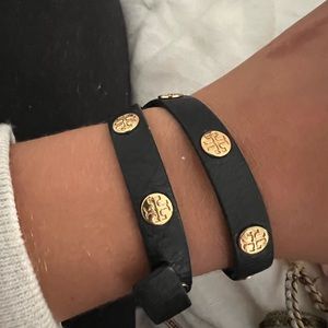 Tory Burch Black Leather Logo Wrap Bracelet